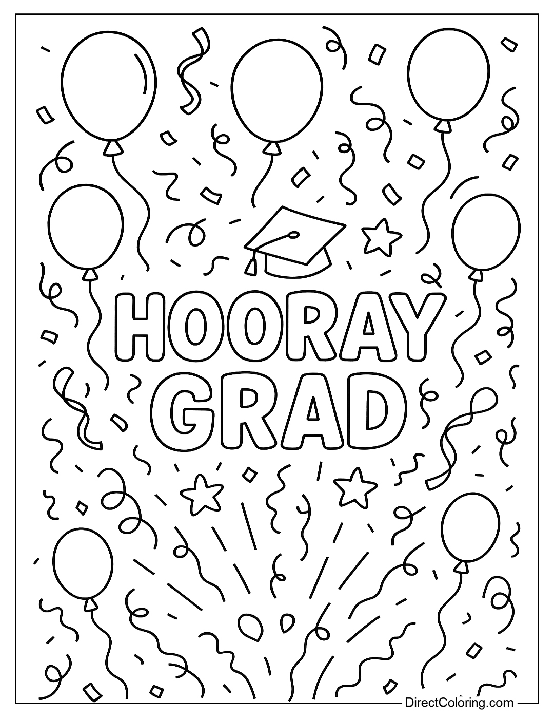 A coloring page full of balloons, ribbons and confetti flying with the words 